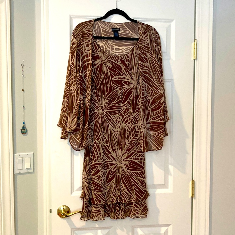 Size 12 Eva Blue Brown/cream cocktail dress with sequin and bead enhancements.